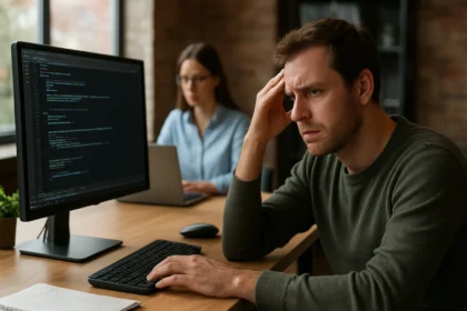 Programozó nehézségekkel küzd a számítógép előtt.