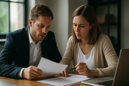 Fiatal pár pénzügyi dokumentumokat néz át az asztalon.