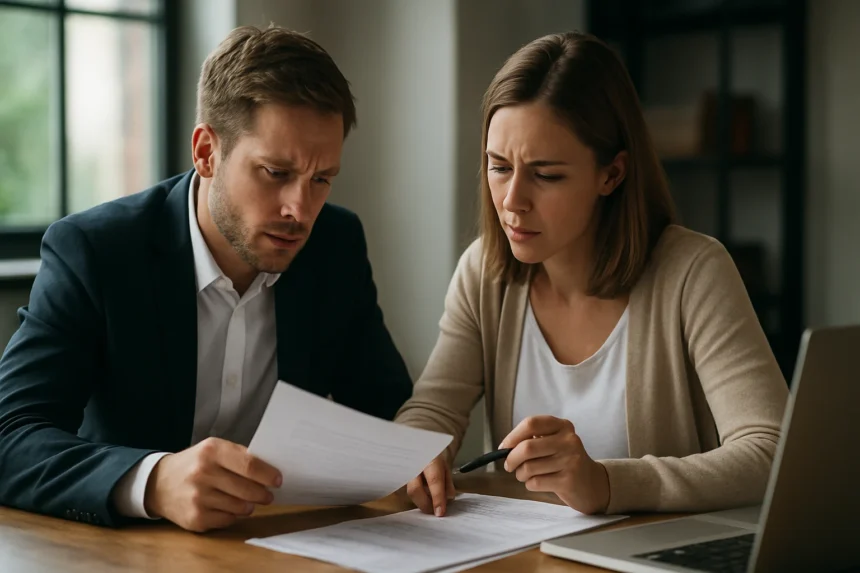 Fiatal pár pénzügyi dokumentumokat néz át az asztalon.