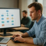 Szoftverfejlesztő a komponensek szerepét ábrázoló diagram előtt