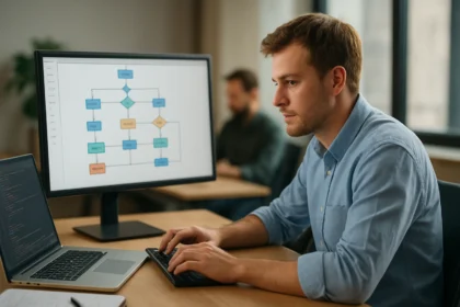 Szoftverfejlesztő a komponensek szerepét ábrázoló diagram előtt