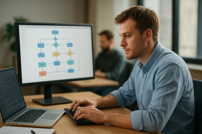 Szoftverfejlesztő a komponensek szerepét ábrázoló diagram előtt