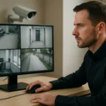 A férfi CCTV megfigyelőrendszert monitoroz számítógépen.