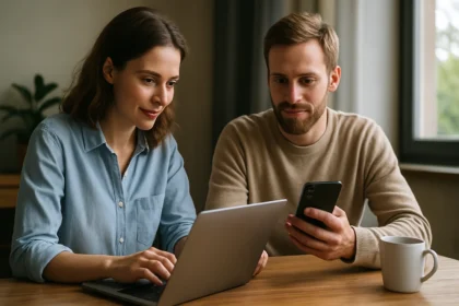 Két fiatal online kommunikál laptop és okostelefon segítségével.