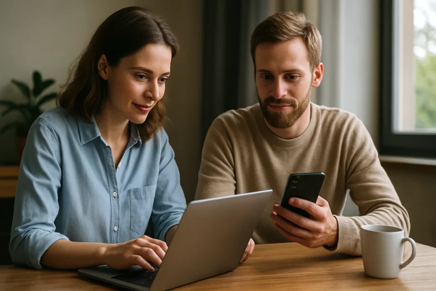 Két fiatal online kommunikál laptop és okostelefon segítségével.