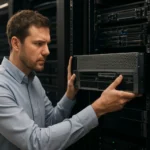 Szerver telepítése rackben, az adatközpontban dolgozó szakember.