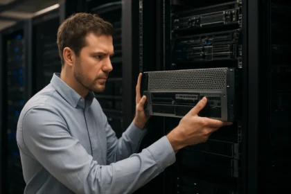Szerver telepítése rackben, az adatközpontban dolgozó szakember.