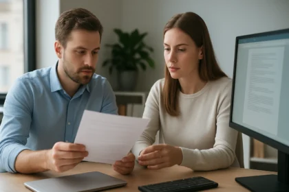 Két ember digitális másolatot néz át az irodában.