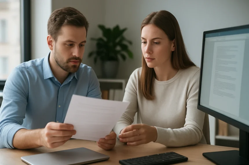 Két ember digitális másolatot néz át az irodában.