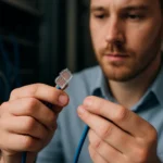 Férfi RJ45 csatlakozót tart, hálózati kábelezéshez készül.