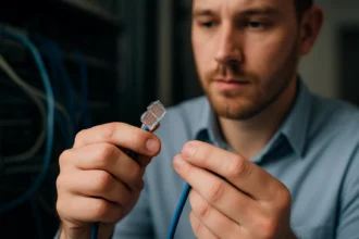 Férfi RJ45 csatlakozót tart, hálózati kábelezéshez készül.