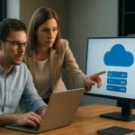 Két szakember a virtualizációs technológiát elemzi számítógépen.