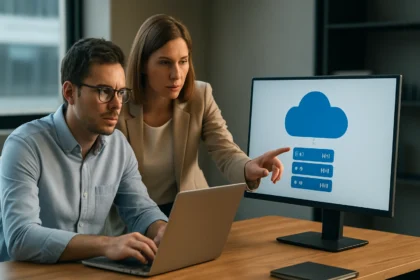 Két szakember a virtualizációs technológiát elemzi számítógépen.