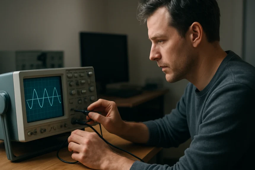 Férfi oszcilloszkóppal dolgozik a frekvenciák mérésekor.