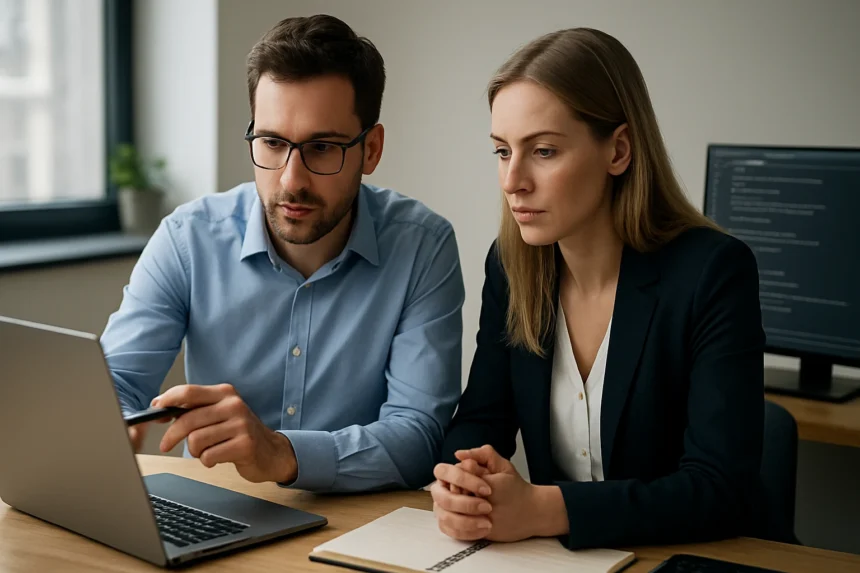 Két szakember együtt dolgozik a számítógépen, SPML rendszert fejlesztenek.