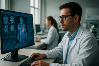 Orvosi szakértő biomedikai informatikával foglalkozik a számítógép előtt.