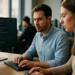 Programozók többszálúsági koncepciókat dolgoznak ki egy irodában.