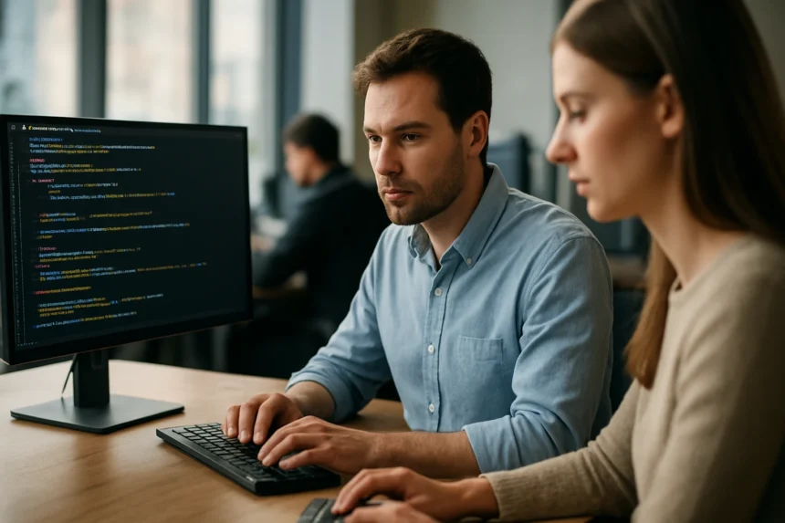 Programozók többszálúsági koncepciókat dolgoznak ki egy irodában.