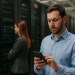 Férfi mobiltelefonon adatközpont menedzsment eszköz használat közben