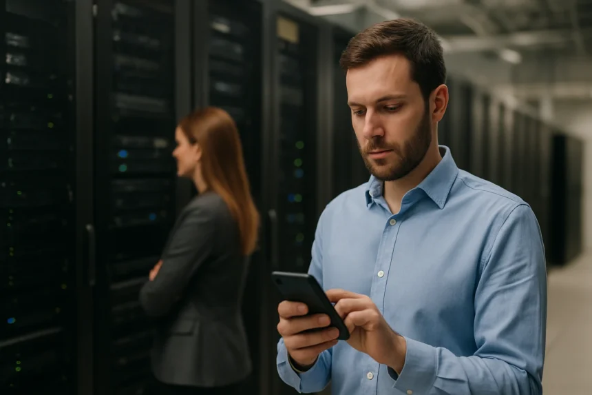 Férfi mobiltelefonon adatközpont menedzsment eszköz használat közben