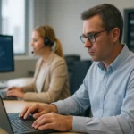 Két munkatárs a meleg tartalékhely támogatására fókuszálva, irodai környezetben.