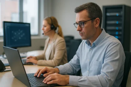 Két munkatárs a meleg tartalékhely támogatására fókuszálva, irodai környezetben.