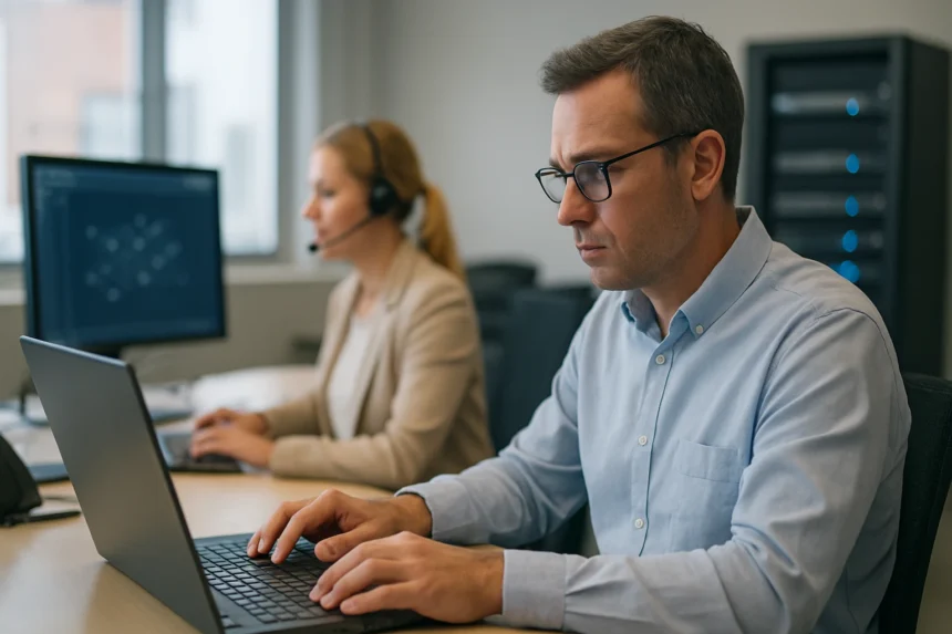 Két munkatárs a meleg tartalékhely támogatására fókuszálva, irodai környezetben.