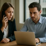 Két üzleti szakember telefonbeszélgetés közben dolgozik a laptopján.