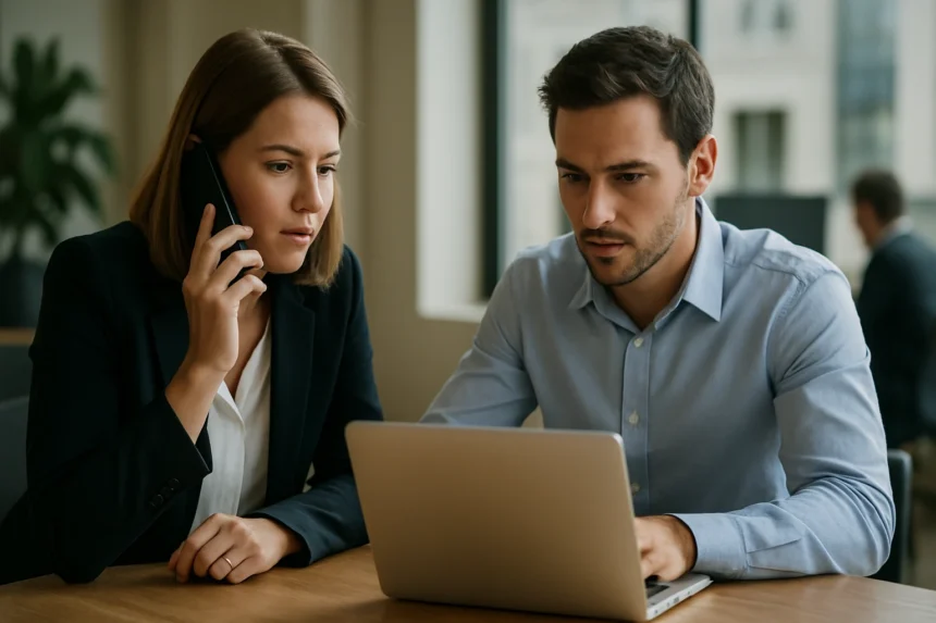 Két üzleti szakember telefonbeszélgetés közben dolgozik a laptopján.