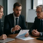 Üzleti megbeszélés szakemberek között egy grafikon elemzésével