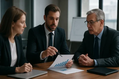 Üzleti megbeszélés szakemberek között egy grafikon elemzésével