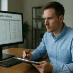 Férfi a javítócsomag katalógust átnézi egy számítógép képernyőjén.