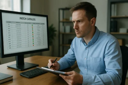 Férfi a javítócsomag katalógust átnézi egy számítógép képernyőjén.