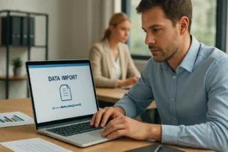 Férfi adatimportálás közben számítógépen, háttérben egy nő.