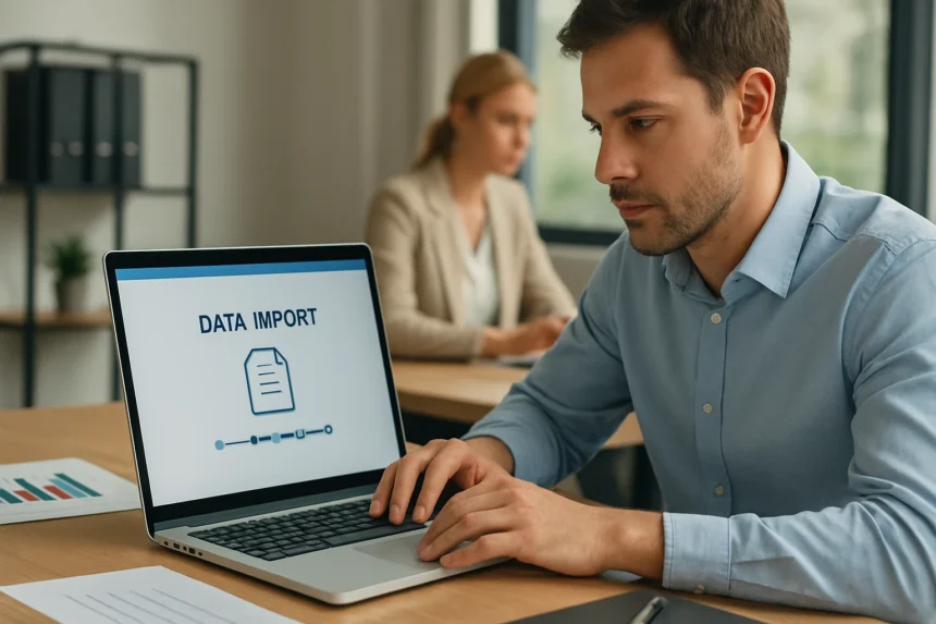 Férfi adatimportálás közben számítógépen, háttérben egy nő.