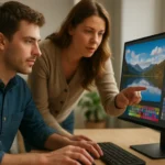 Két ember digitális képszerkesztés közben számítógép előtt, színmintákkal.