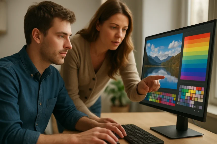 Két ember digitális képszerkesztés közben számítógép előtt, színmintákkal.