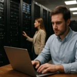 Férfi dolgozik laptopon adatközpontban, nő a háttérben