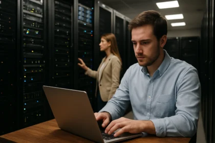Férfi dolgozik laptopon adatközpontban, nő a háttérben