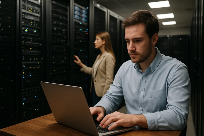 Férfi dolgozik laptopon adatközpontban, nő a háttérben