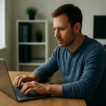 Férfi laptopozik készenléti módban, számítástechnikai háttérrel.