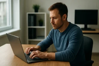 Férfi laptopozik készenléti módban, számítástechnikai háttérrel.