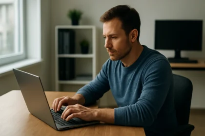 Férfi laptopozik készenléti módban, számítástechnikai háttérrel.