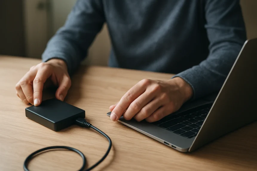 Hordozható külső merevlemez csatlakoztatása számítógéphez.