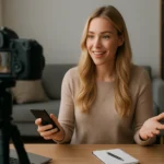 Influencer beszél a digitális marketing stratégiákról kamerába.