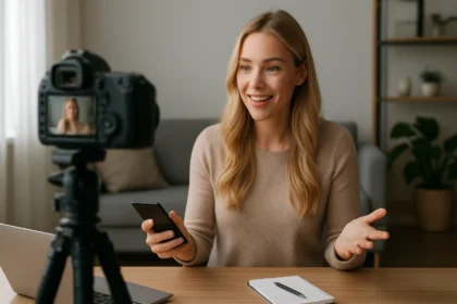 Influencer beszél a digitális marketing stratégiákról kamerába.