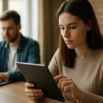 Nő digitális eszközön dolgozik, férfi a háttérben laptopot használ.