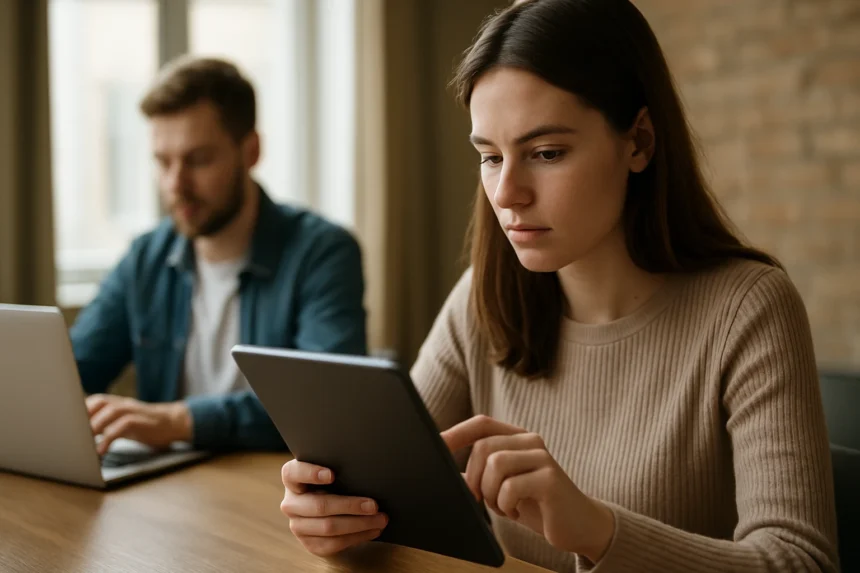 Nő digitális eszközön dolgozik, férfi a háttérben laptopot használ.