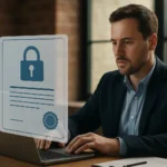 Férfi egy laptop előtt, nyilvános kulcsú tanúsítványról gondolkodik.