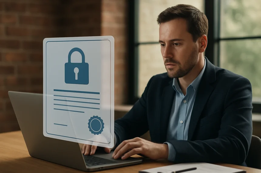 Férfi egy laptop előtt, nyilvános kulcsú tanúsítványról gondolkodik.